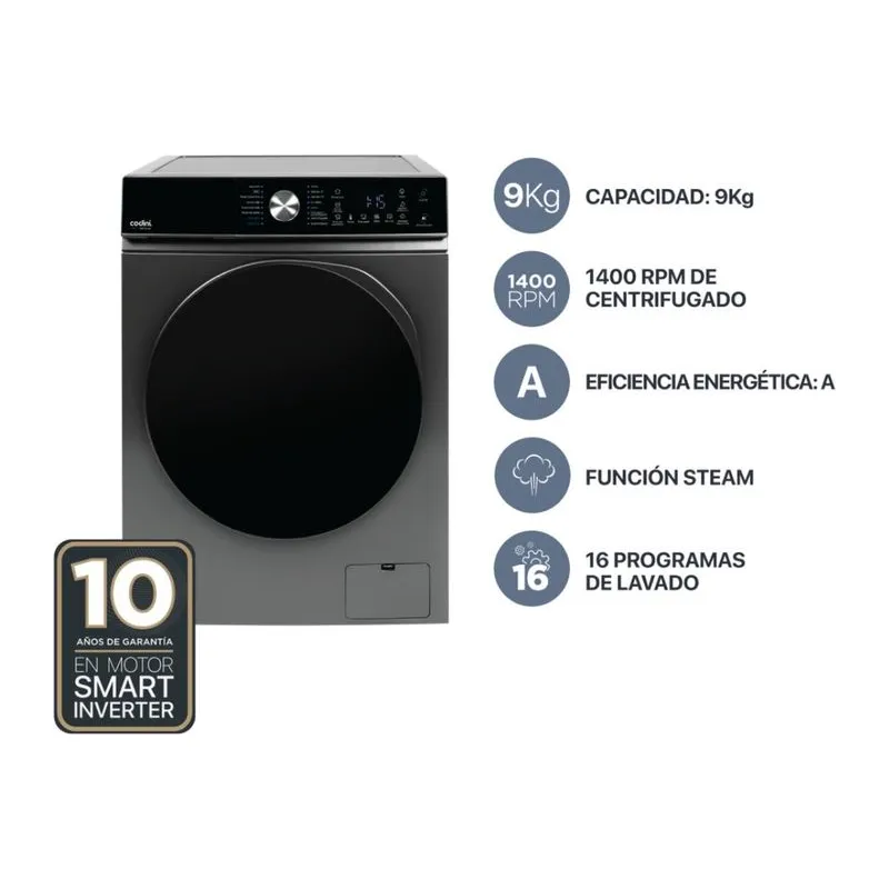 Lavarropas Automatico Carga Frontal 9 kg 1400 rpm A Inverter Steam Silver - AIAFC9014G