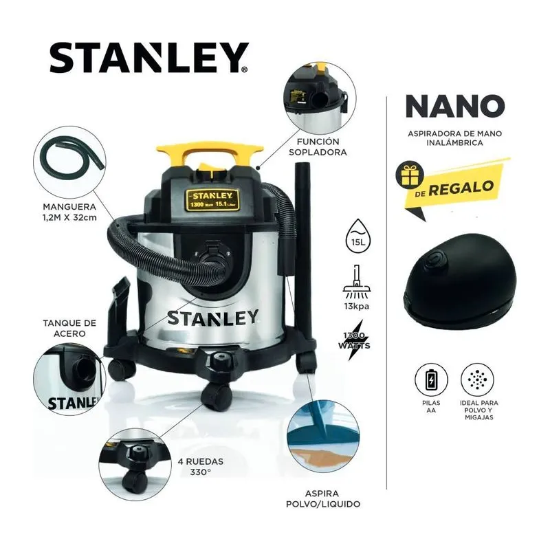 Aspiradora Stanley 15l + Mini Aspiradora Nano De Regalo Negro