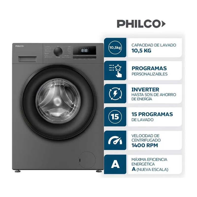 Philco PHLF1054DGN · Lavarropas Inverter 10,5 kg · Dark grey