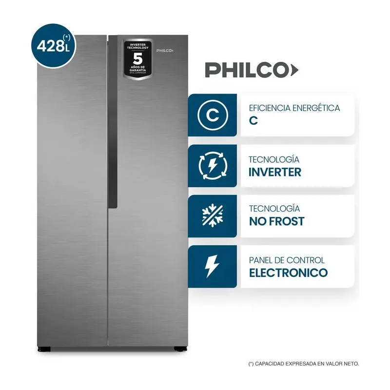 Heladera Sbs Nofrost Inverter Inoxidable 428 Lts Nphsb450xi Philco