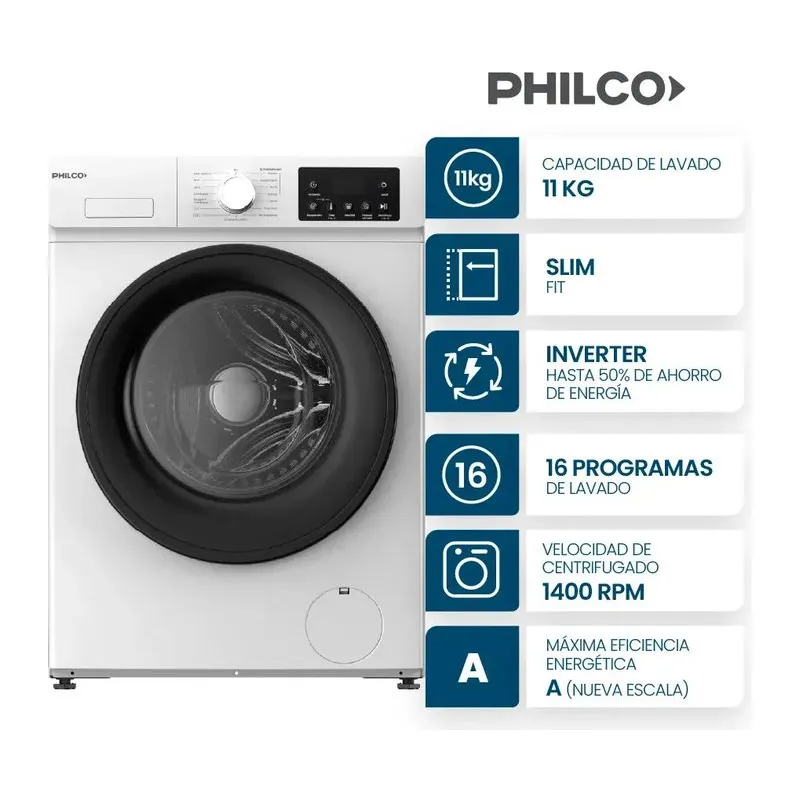 Lavarropas Carga Frontal Inverter 11 Kg Blanco Philco