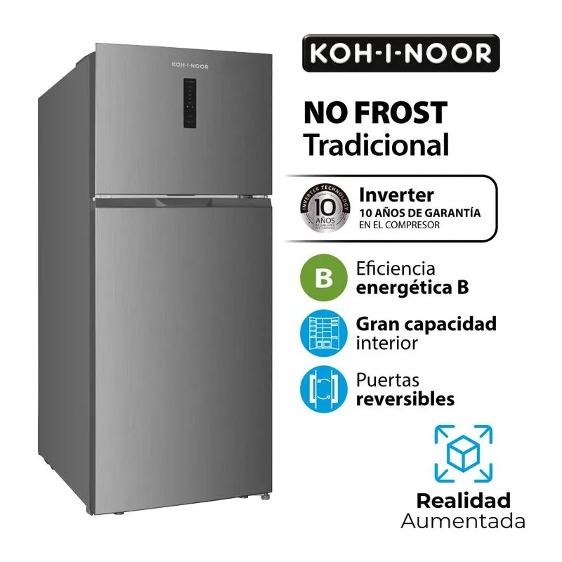 Heladera KOH-I-NOOR con Freezer Arriba NO FROST Tradicional Inverter 571L.