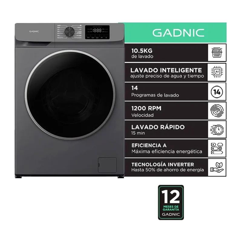 Lavarropas Automatico Gadnic 10.5 Kg Carga Frontal 14 Programas Inverter 1200 RPM Gris Oscuro