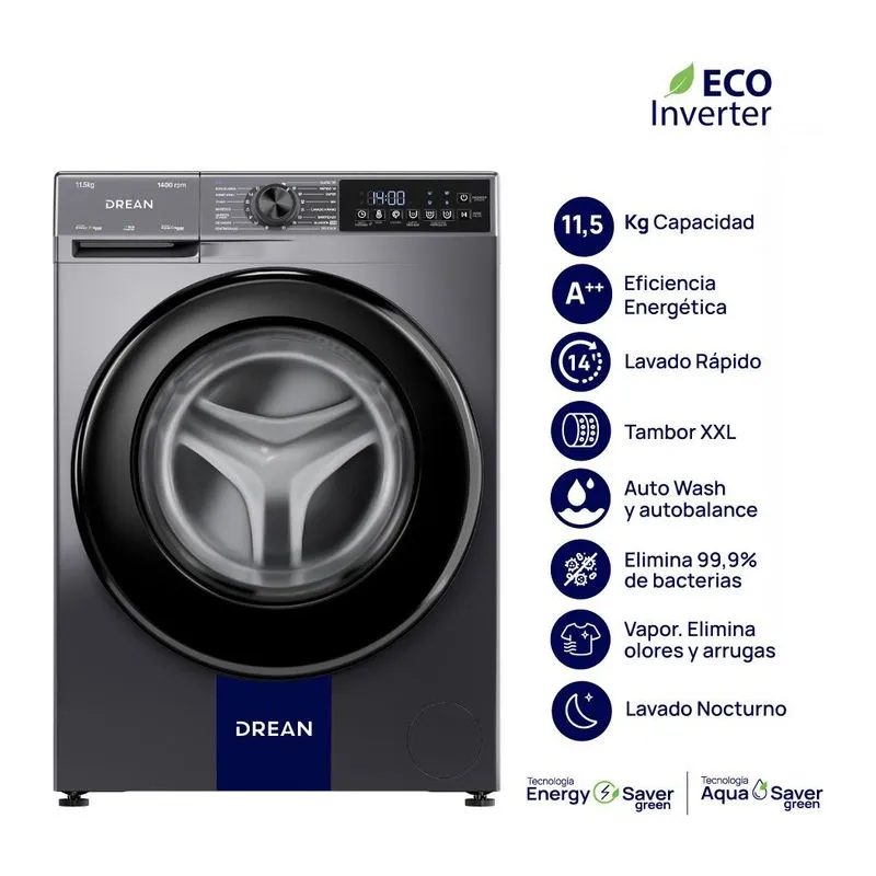 Drean LFDR1114ISG0 · Lavarropas 11,5 kg · Gris