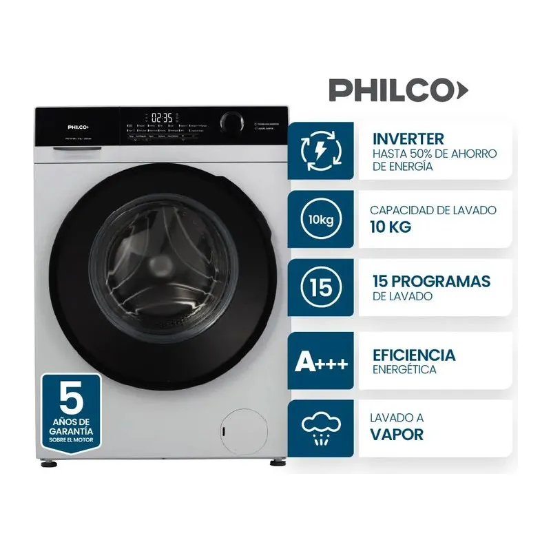 Lavarropas Automático Philco Carga Frontal 10 Kg Inverter Blanco PHLF1014BI