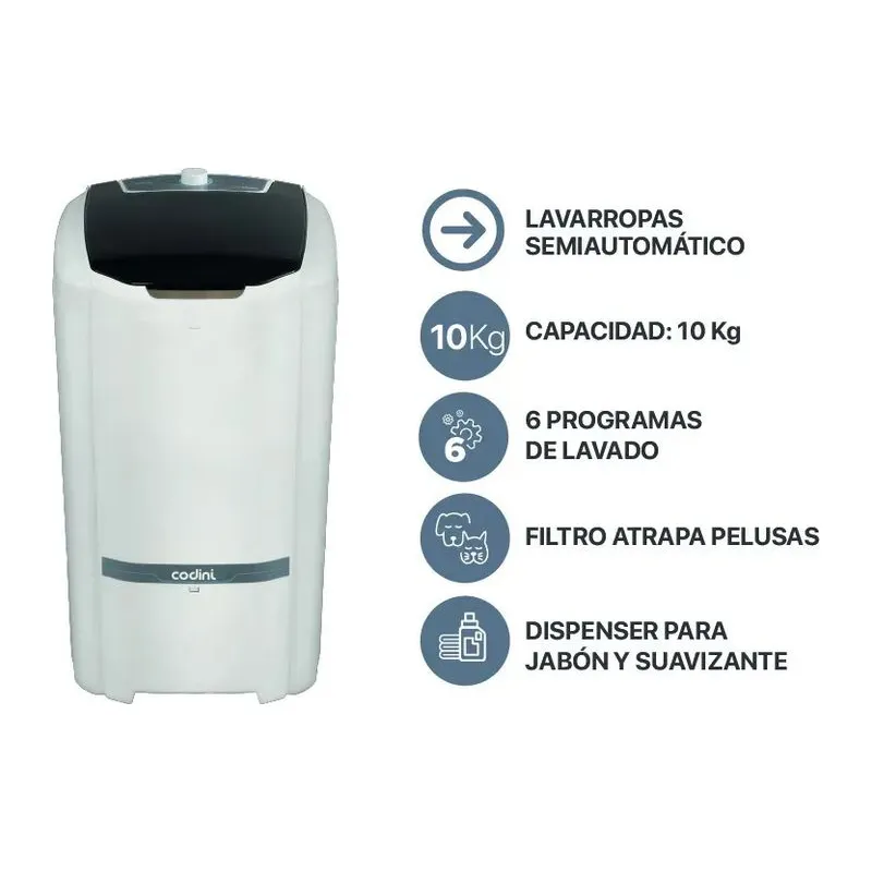 Lavarropas Semiautomático QBICO 10 kg 9 Programas Sistema de lavado oriental Blanco Codini - 8054