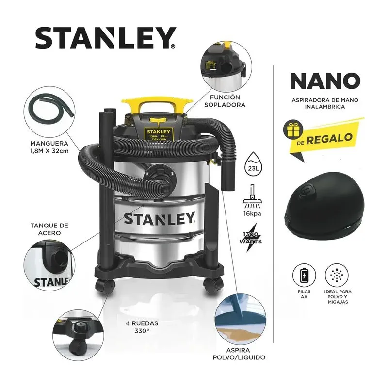 Aspiradora Stanley 23 Litros 1300 W Polvo Liquido 