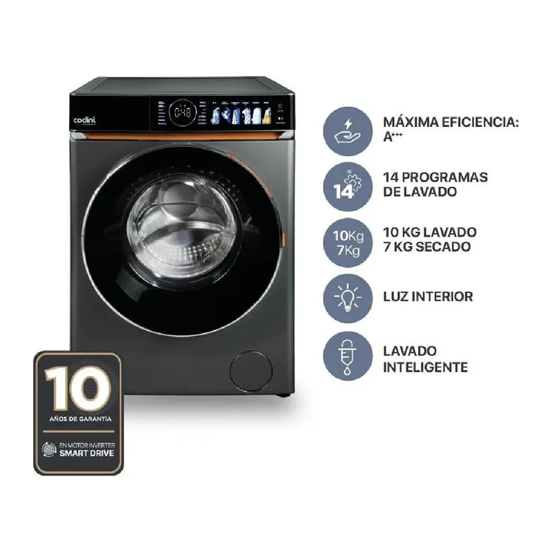 Lavasecarropas Codini 10KG Carga Frontal Gris