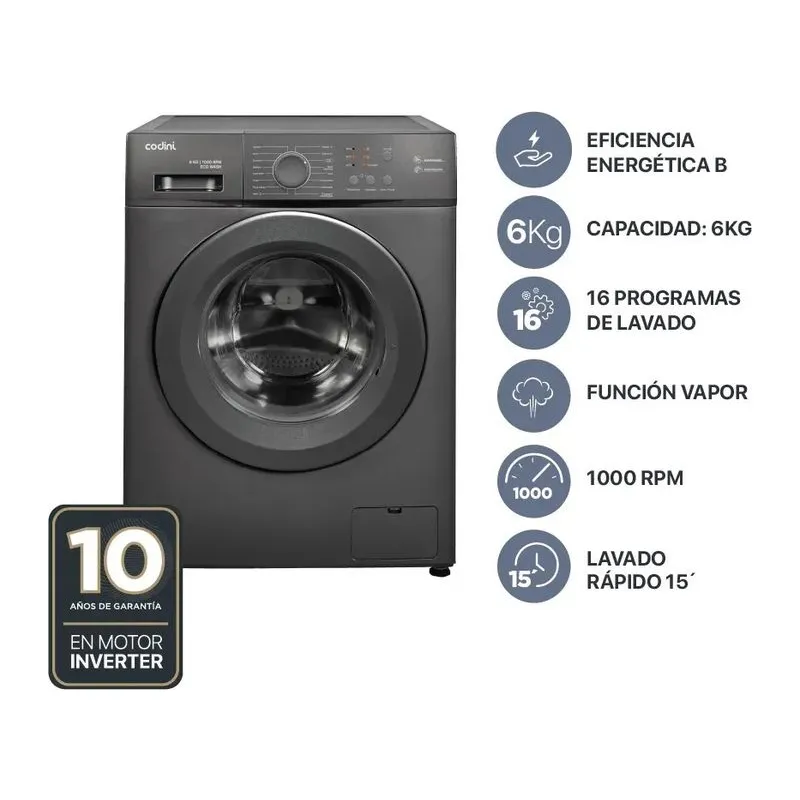 Codini AIAFE6010G · Lavarropas 6 kg · Gris