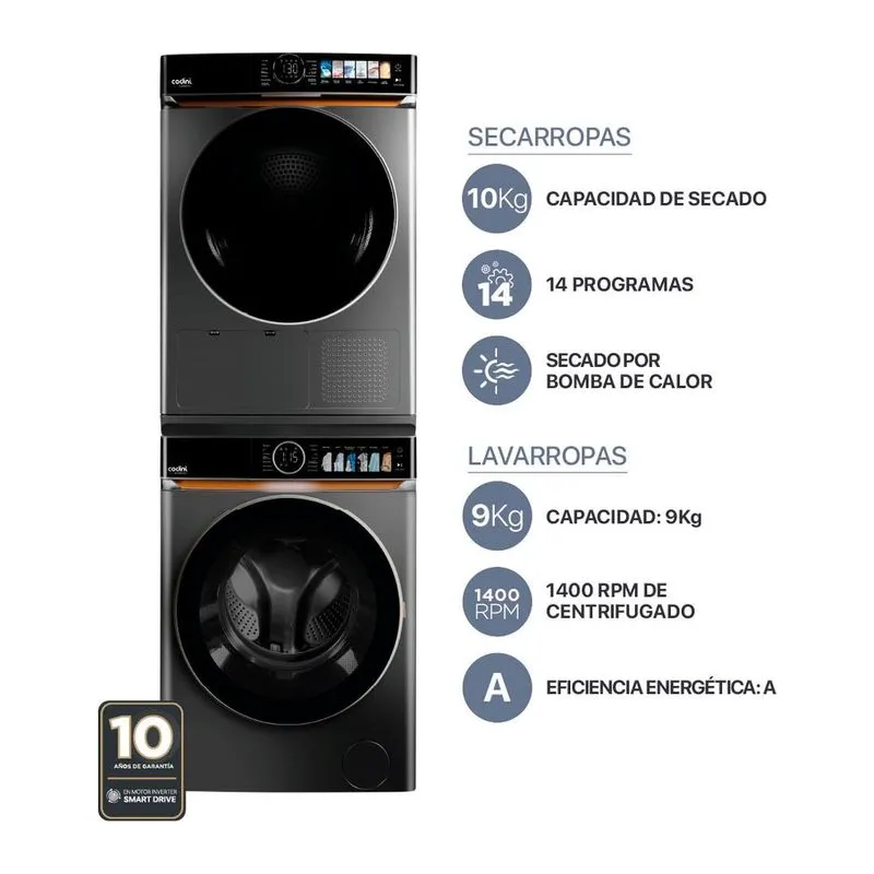 Torre de Lavado Codini Lavasecarropas 9kg/10kg Inverter A 1400 RPM Dark grey