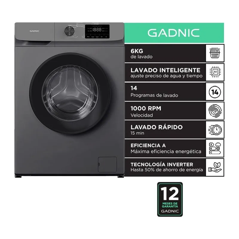 Lavarropas Gadnic 6 kg 1000 RPM 14 Programas 1850W Clase A Gris